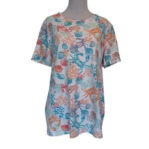 Talbots Seashell & Crab Tee Womens Large White Multicolor Cotton Beachy Top